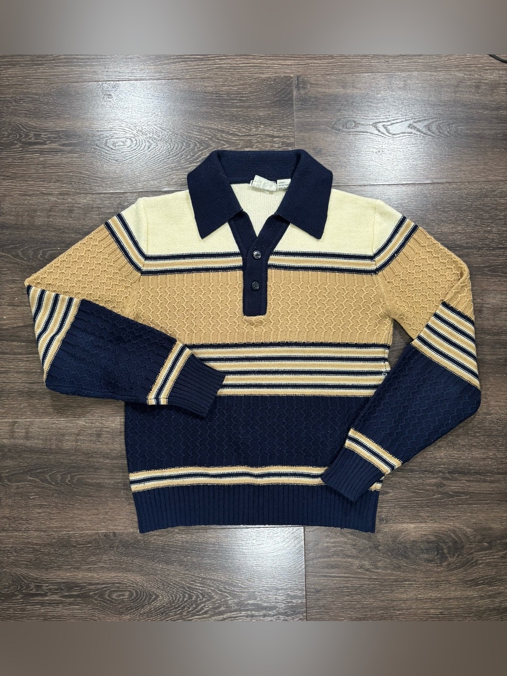 Vintage Elan Men's Striped Knit Polo Sweater in Navy, Cream & Tan Size Small